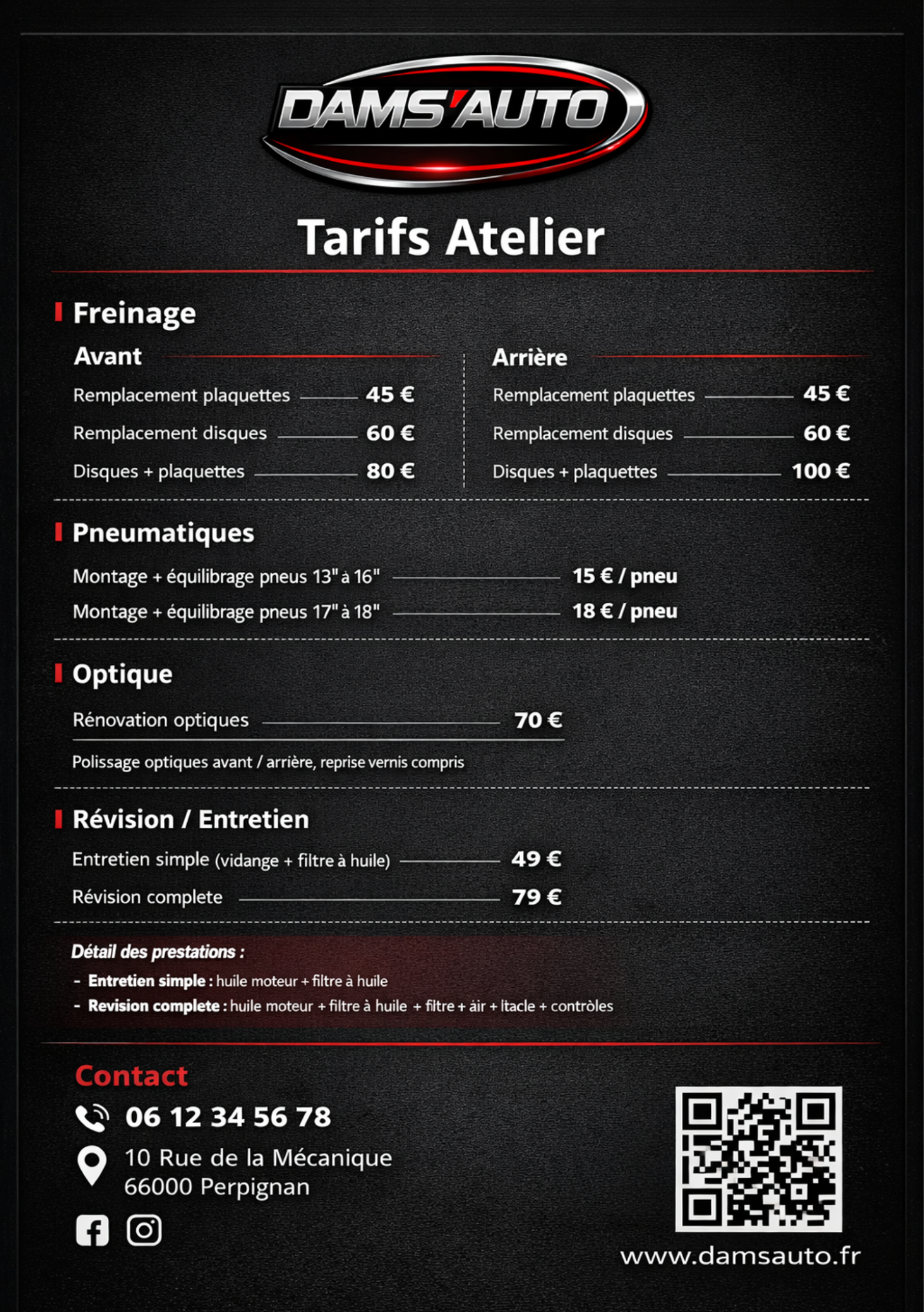 Tarifs atelier Dams'Auto